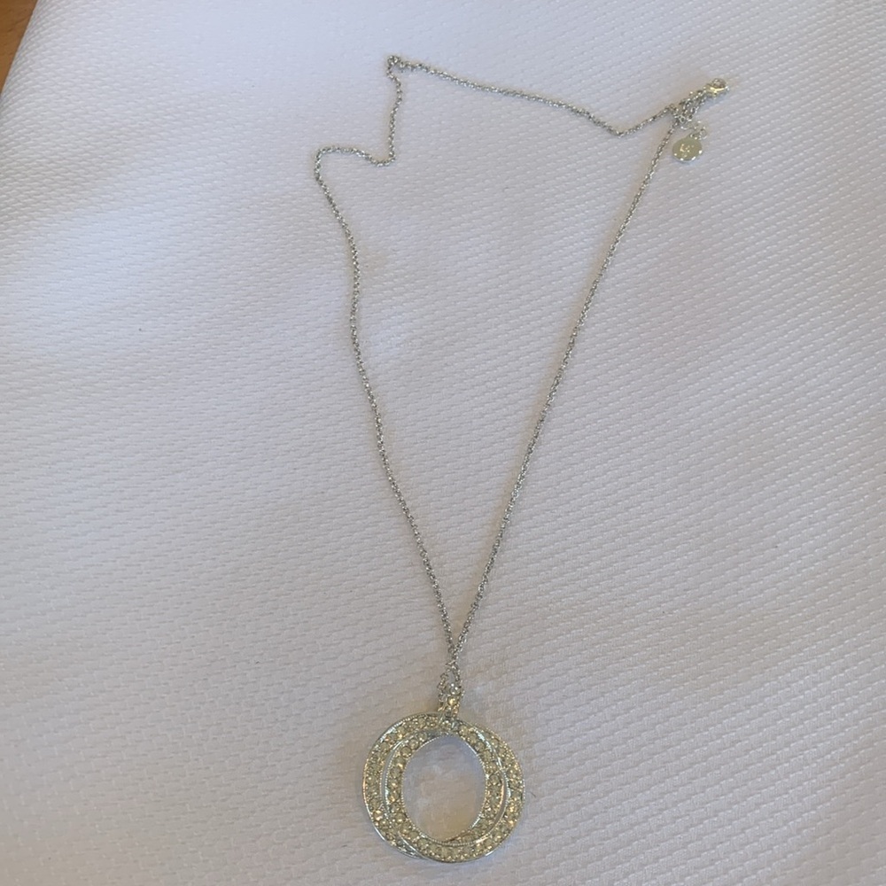 Liz Claiborne CZ Interlocked Circles Silver Tone Long Pendant Necklace - Picture 2 of 5